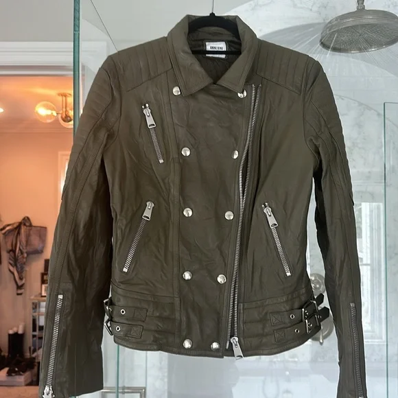 Gorgeous leather Anine Bing distressed motorcycle jacket- army green - Picture 5 of 5